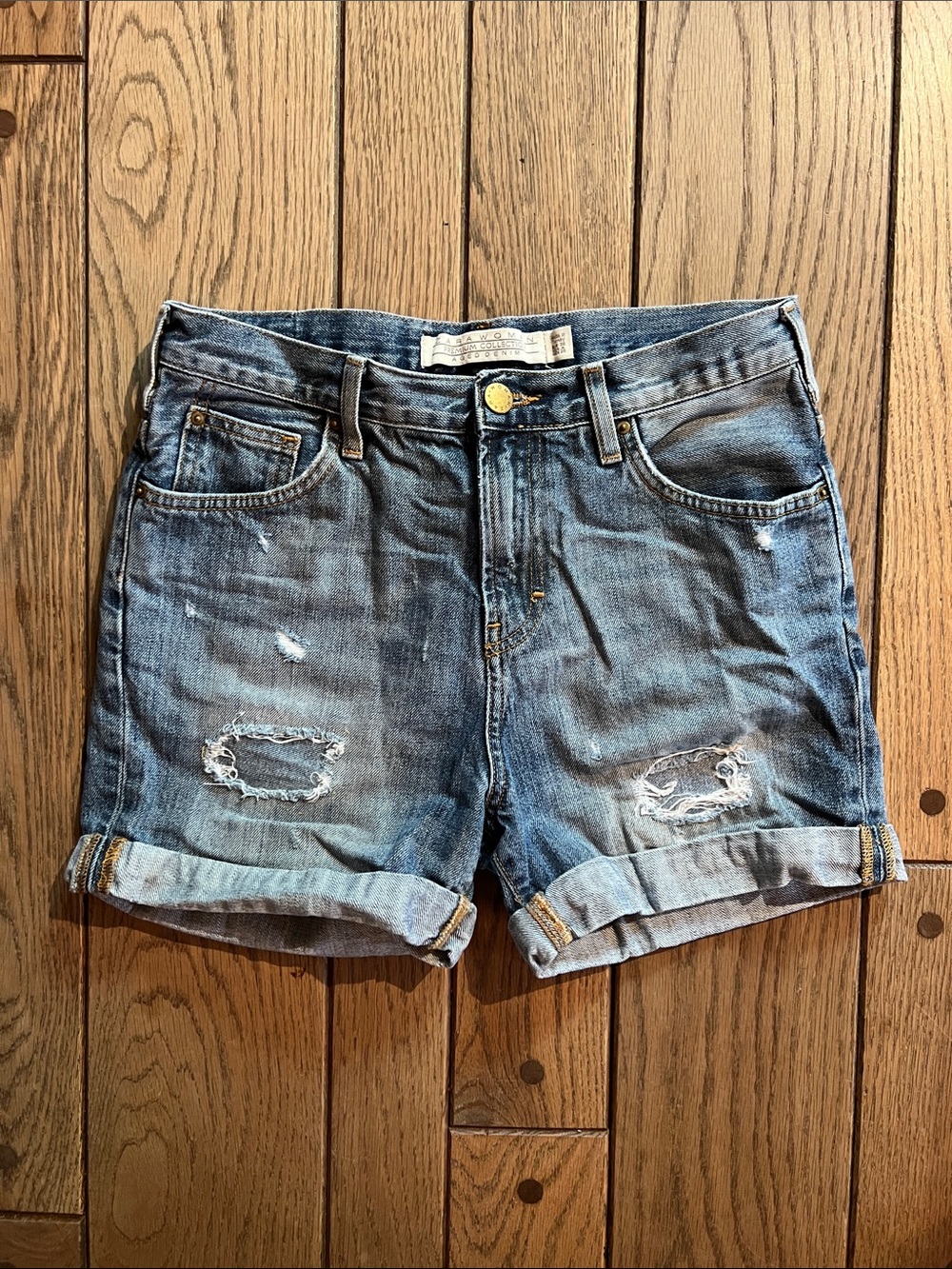 Zara Denim Roll-Cuff Distressed Women's Jean Shorts Cutoffs- Blue Size 4